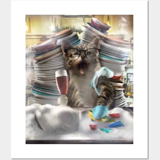 Cat Washing Dishes Posters and Art